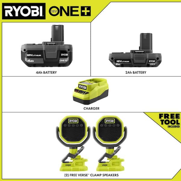 ONE+ 18V Lithium-Ion Starter Kit with 2.0 Ah Battery, 4.0 Ah Battery, Charger and FREE ONE+ VERSE Clamp Speaker 2-Pack