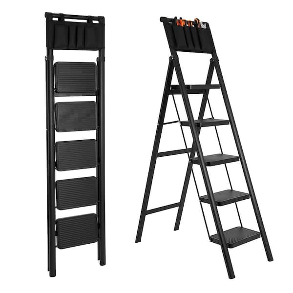 5 ft. Reach 5-Step Iron Foldable Ladder w/Tool Bag Max Load 550 lbs. for Home Office Indoor and Outdoor Black Step Stool