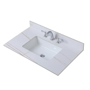 37 in. Bathroom Vanity Top Stone White Gold New Style Tops with Rectangle Ceramic Sink and 3-Faucet Holes,Vanity Stool