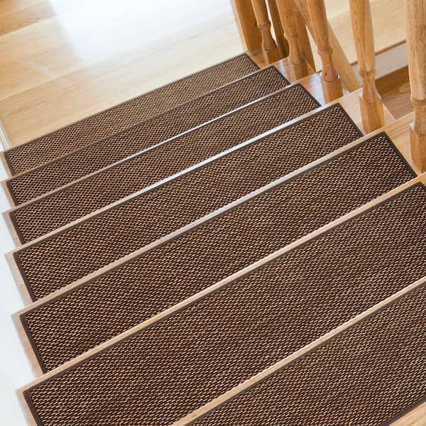 Brown [9 in. x 36 in.] Woven Fiber Stair Tread Cover Set of 15, Non-Slip and Machine Washable for Indoor Wooden Steps