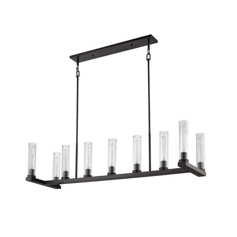 Beau 56" Bronze Steel and Glass 9-Light Linear Chandelier