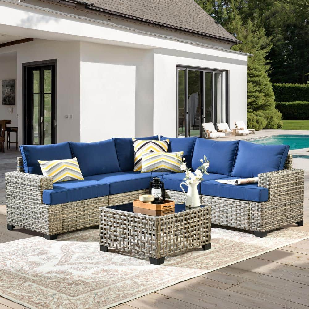 Ulrica 6-Piece Wicker Outdoor Sectional Set with Navy Blue Cushions price history on PriceWatchPro