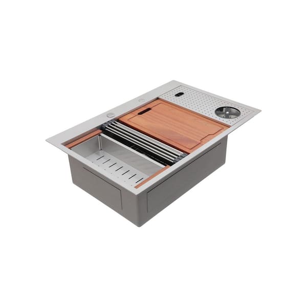 33 in. Drop-In Single Bowl 16 Gauge Brushed Nickel Stainless Steel Kitchen Sink with Bottom Grids