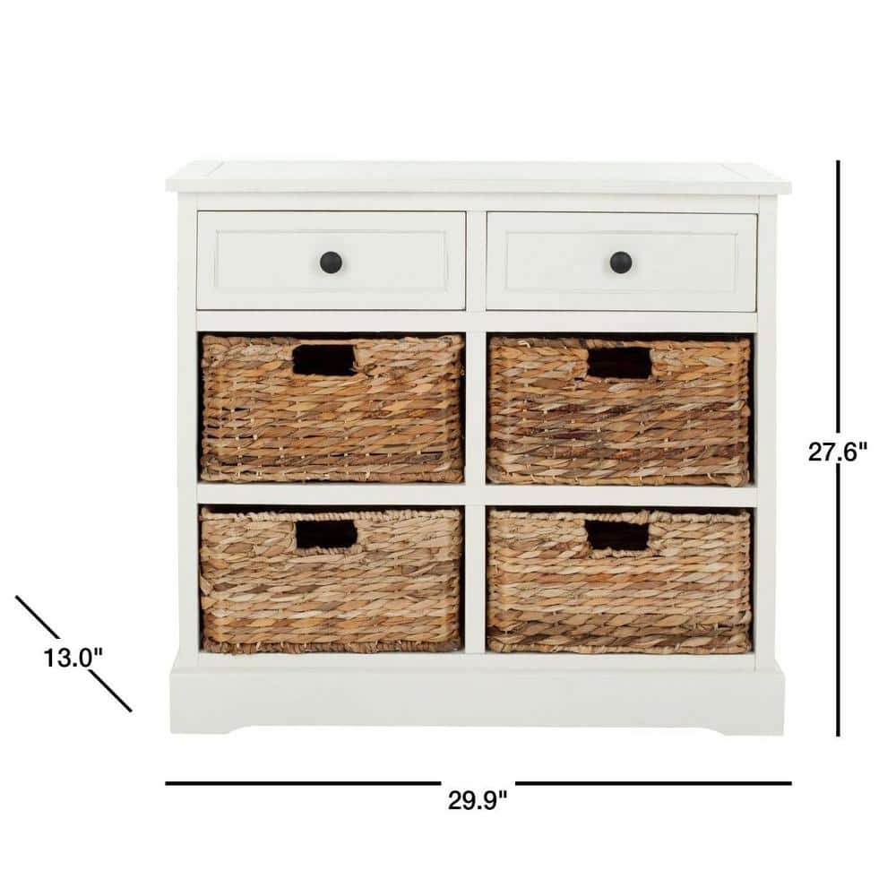 Distressed Cream Pine 6-Drawer Storage Unit with Wicker Baskets