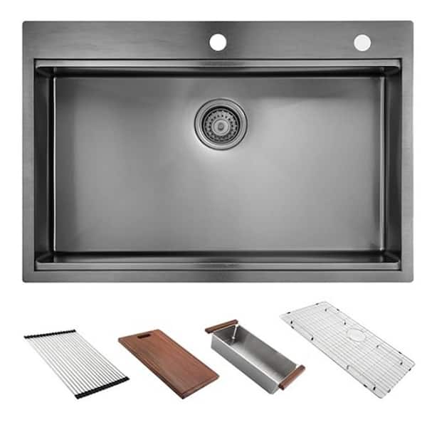 Unbranded 27 in. Drop-In Single Bowl 16 Gauge Gunmetal Black Stainless Steel Kitchen Sink with Bottom Grids