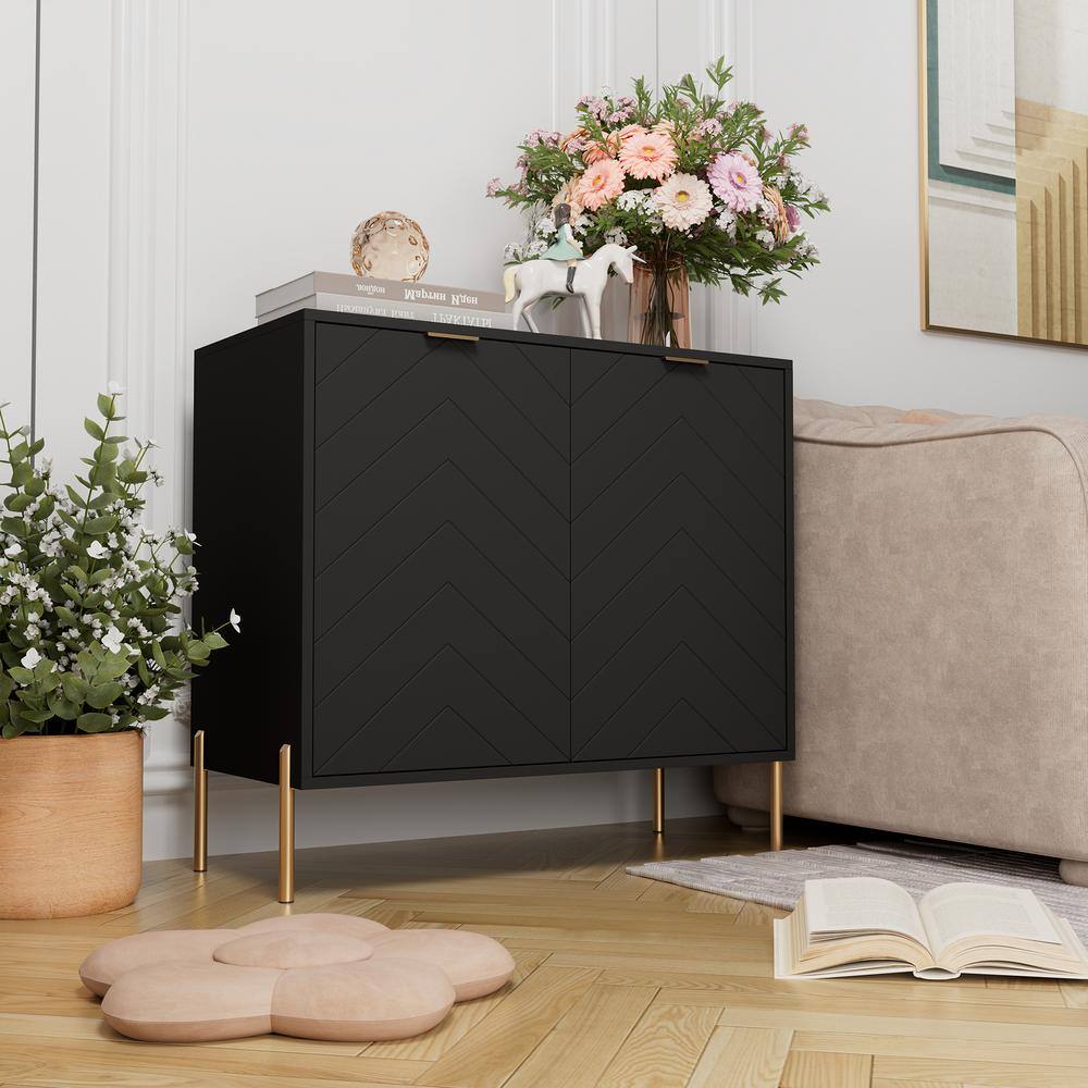 Black Chevron Pattern 2-Door Media Accent Cabinet with Gold Legs