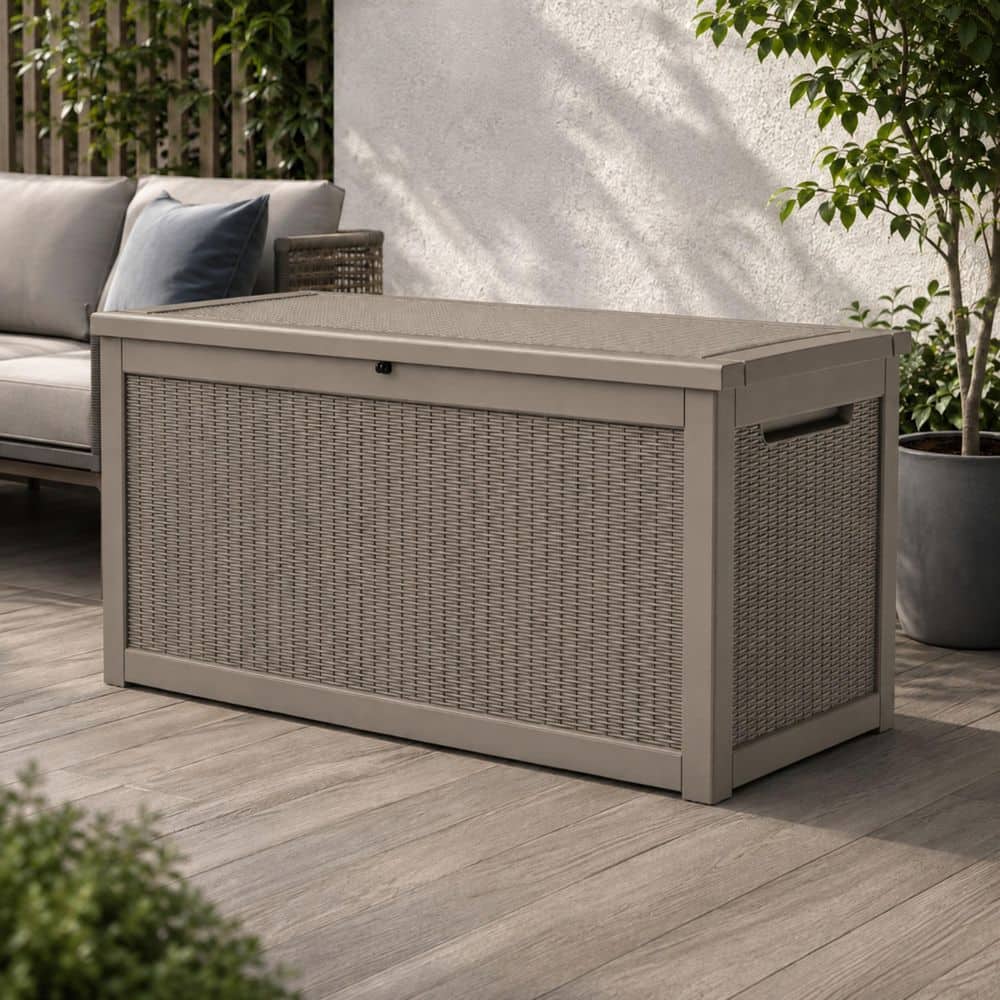 320 Gal. Jumbo Gray Wood Grain Resin Deck Box with Metal Reinforced 880 lbs. Lid Capacity Outdoor Storage Box