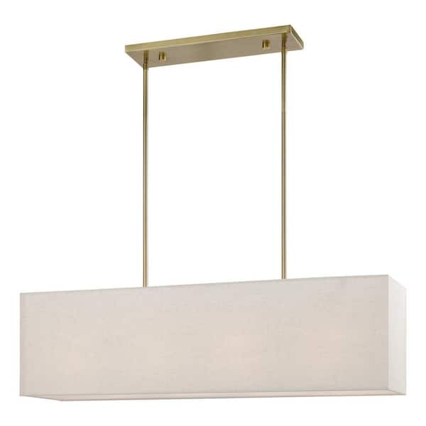 AVIANCE LIGHTING Haddington 4-Light Antique Brass Linear Chandelier with Oatmeal Color Fabric Shade