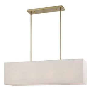 Summit 4-Light Antique Brass Linear Chandelier with Oatmeal Color Fabric Shade