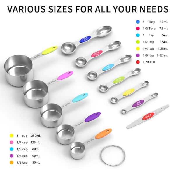 Stainless Steel Measuring Cup and Magnetic Measuring Spoons Set for Kitchen Measuring and Baking (12-Pack)