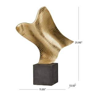 Gold Polystone Wave Abstract Sculpture with Black Base
