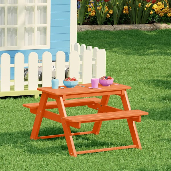 Children's Laguna Outdoor Patio All Weather Plastic 29.75 in. Rectangle Kids Picnic Play Table with Benches in Orange
