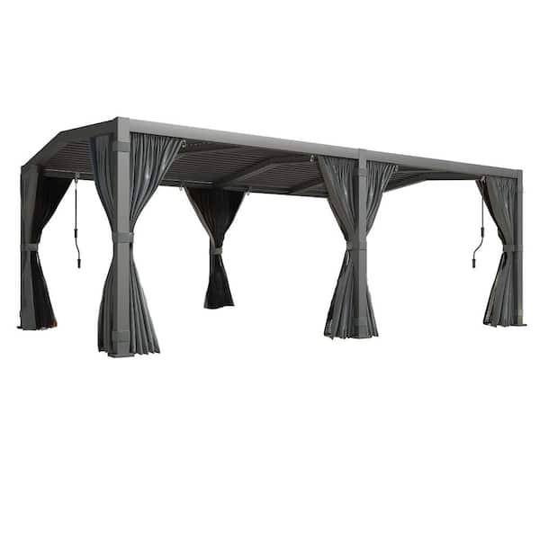 12 ft. x 20 ft. Louvered Pergola, Dark Grey Aluminum Structure with Adjustable Pitched Roof, Waterproof Curtains and Net