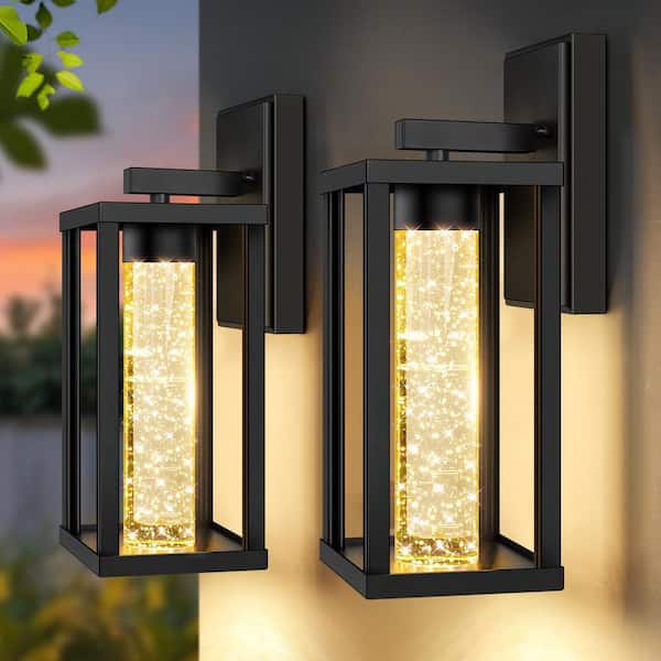 2-Pack Waterproof Outdoor Wall Light Fixtures with Crystal Bubble Glass, Black