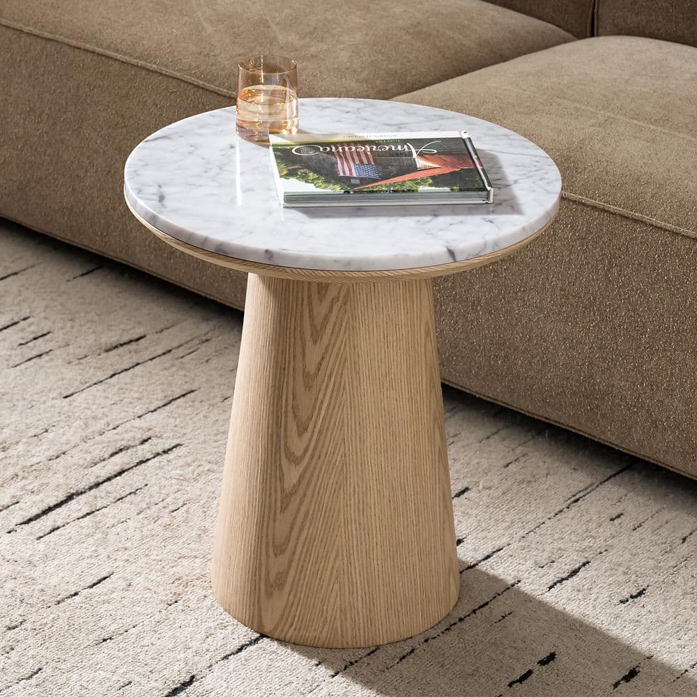 Delphine 19.75 in. Oak Round Marble End Table with Oak Veneer - thumbnail 10