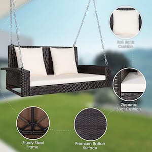 2-Person Patio Rattan Hanging Porch Swing Bench Chair Beige Cushion