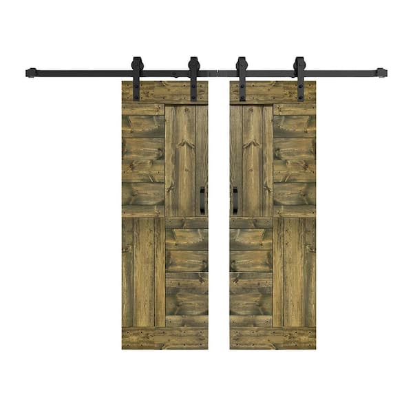 ISLIFE S Series 56 in. x 84 in. Aged Barrel Finished DIY Solid Wood Double Sliding Barn Door with Hardware Kit