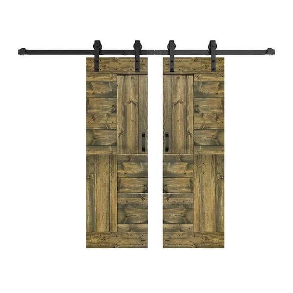 ISLIFE S Series 60 in. x 84 in. Aged Barrel Finished DIY Solid Wood Double Sliding Barn Door with Hardware Kit