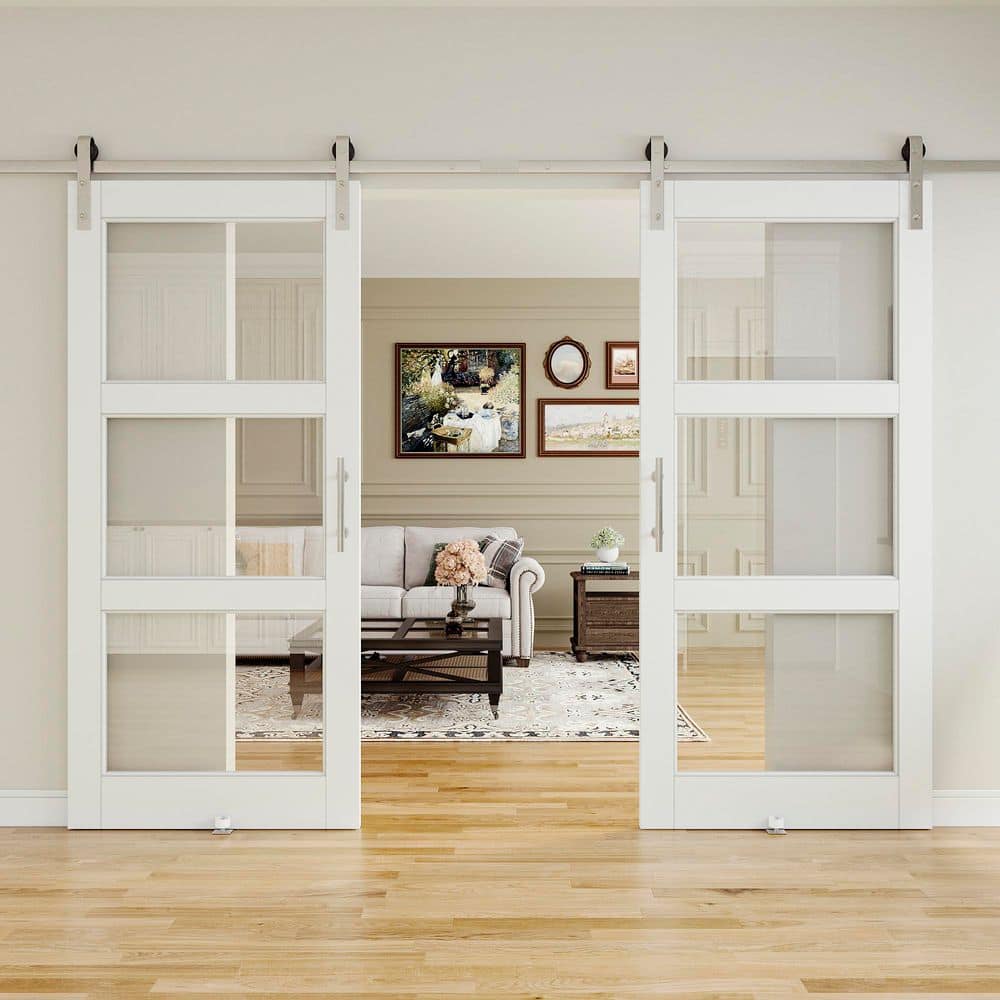 72 in. x 80 in. 3-Lite Tempered Clear Glass White Primed Solid Core MDF Sliding Barn Door with Hardware Kit Nickel price history on PriceWatchPro