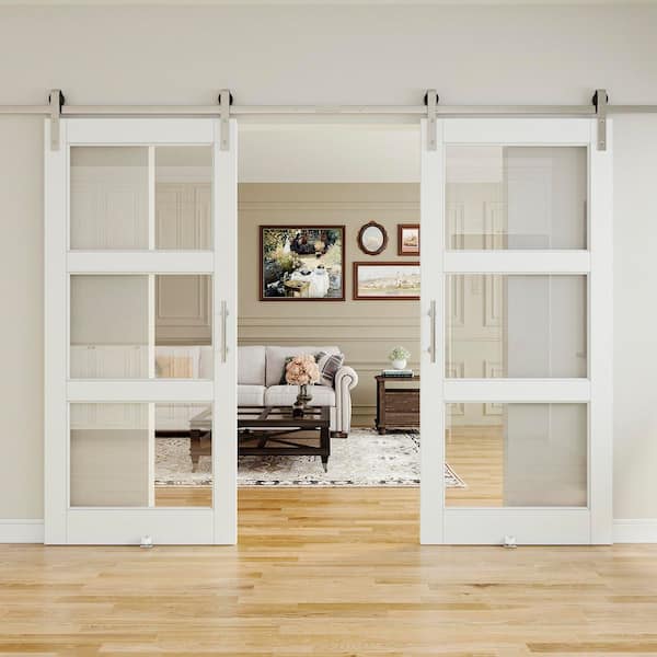 72 in. x 80 in. 3-Lite Tempered Clear Glass White Primed Solid Core MDF Sliding Barn Door with Hardware Kit Nickel