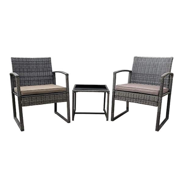 Willit 3-Piece Wicker Square 15.8 in. Table Height Outdoor Bistro Set with Brown Cushions