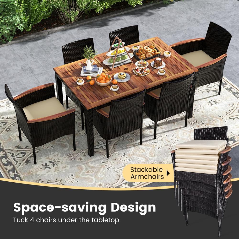 7-Piece Brown Acacia Wood and Rattan Dining Set with Beige Cushions