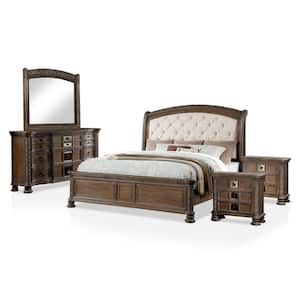 Nevva 5-Piece Beige and Rustic Wood Frame Natural Tone Queen Bedroom Set