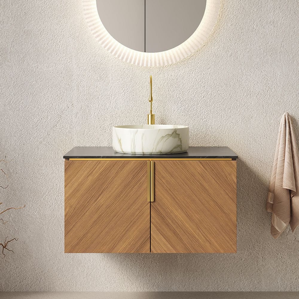 30 in. Wall-Mounted Single Sink Brown Oak Bath Vanity with Black Sintered Stone Top and Marble Pattern Ceramic Basin price history on PriceWatchPro