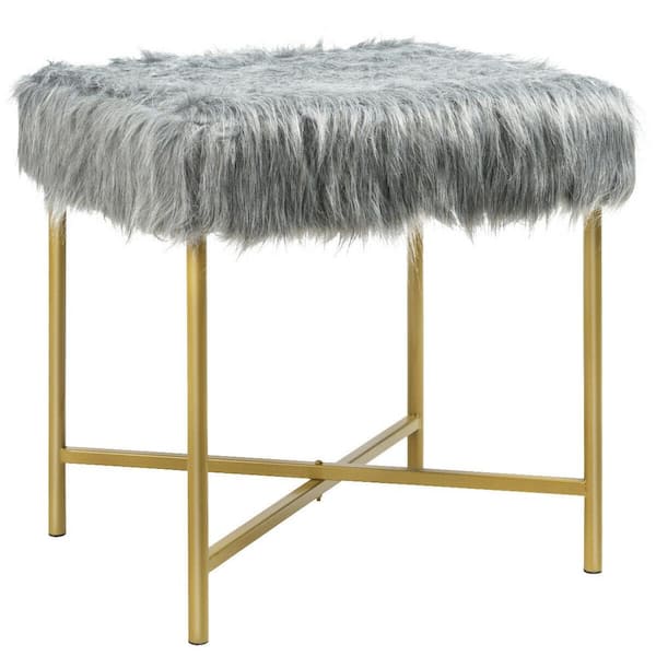 FORCLOVER Gray Faux Fur Ottoman Footrest Stool with Metal Legs