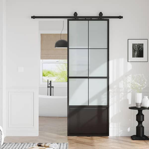 30 in. x 84 in. 3/4 Lites Frosted Glass Black Steel Frame Interior Barn Door with Sliding Hardware Kit