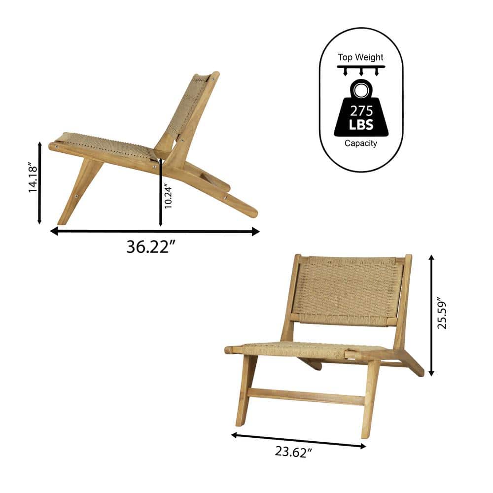 Parker Mid-Century Brown Teak Wood Woven Armless Lounge Chair