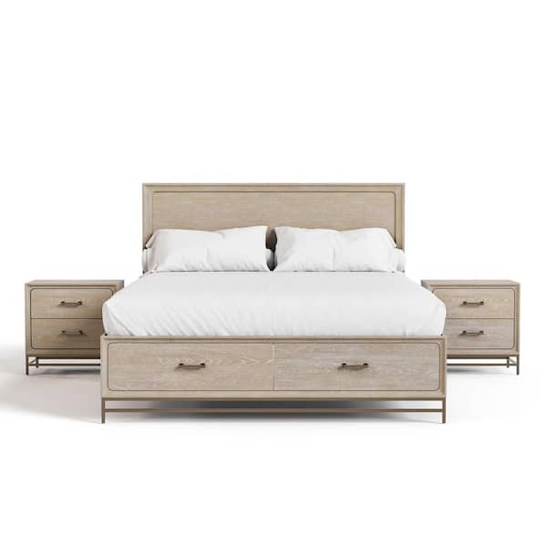 Lena 3-Piece Oak Wood King Bedroom Set With 2 Nightstands