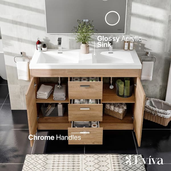 Lugano 48 in. Double Sink Natural Oak Bath Vanity with White Acrylic Top (Assembled)