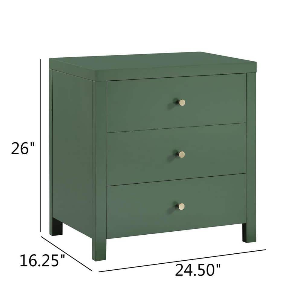 Nolan Vintage Green 3-Drawer Wood Nightstand with Gold Knobs