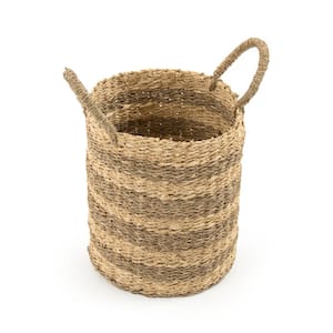 Cylindrical Handmade Woven Wicker Seagrass Palm Leaf Wire Small Basket with Stripes and Handles