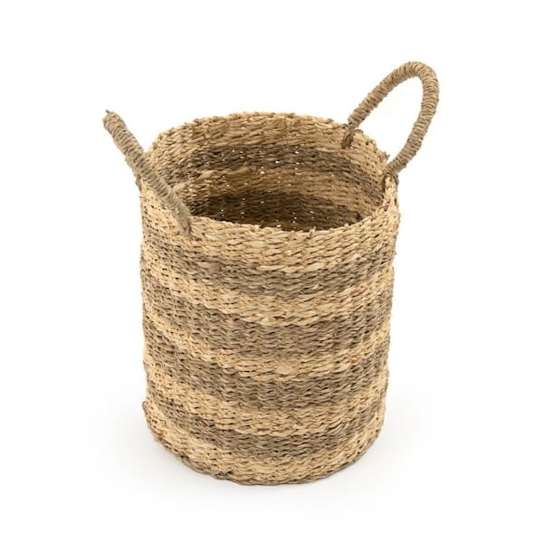 Zentique Cylindrical Handmade Woven Wicker Seagrass Palm Leaf Wire Small Basket with Stripes and Handles