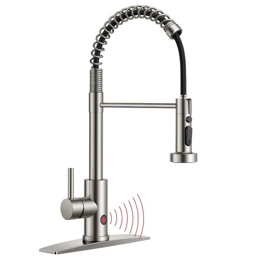 Touchless Single Handle Spring Pull-Down Sprayer Kitchen Faucet with Deckplate Pull-Out Spray Wand in Brushed Nickel -  androme, 4AABN-GY