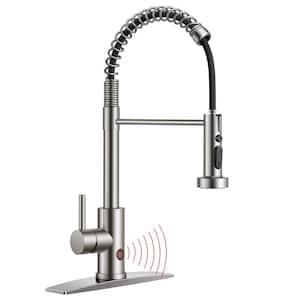 Touchless Single Handle Spring Pull-Down Sprayer Kitchen Faucet with Deckplate Pull-Out Spray Wand in Brushed Nickel