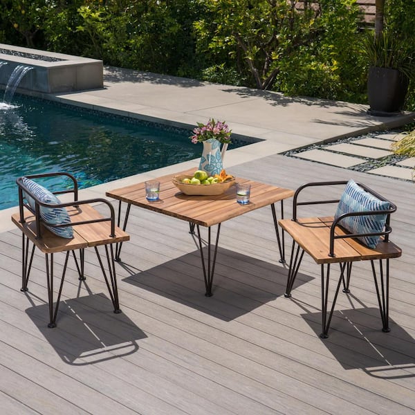 Noble House Zion Industrial Wood and Metal 3-Piece Coffee Table Patio Conversation Set
