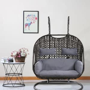 52 in. 2-Person Black Metal Patio Swing Chair with Cushions in Gray