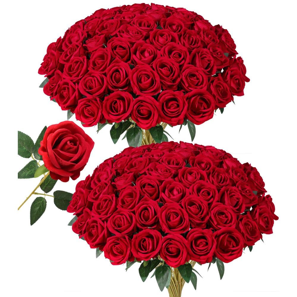 20.1 in. Romance Series Red Indoor Artificial Roses in Clear Glass