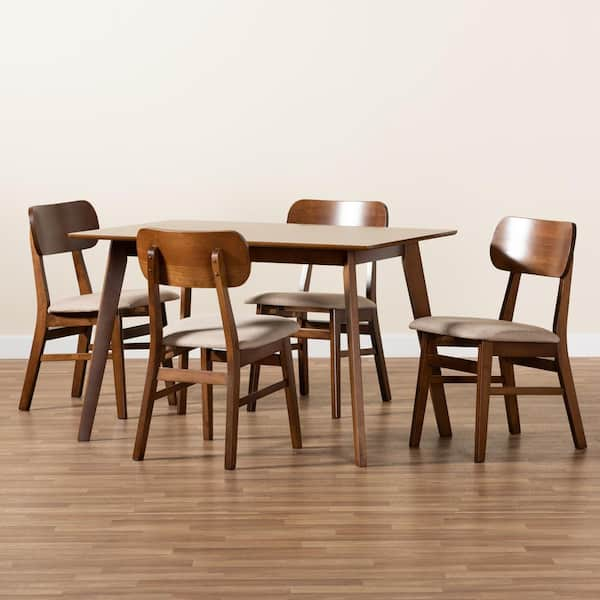 Baxton Studio Euclid 5 Piece Sand and Walnut Brown Dining Set