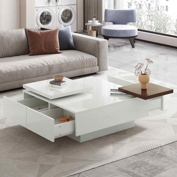 Polibi 31.5 in. White Square MDF Coffee Table with High Gloss finish and 4 Hidden Storage Drawers
