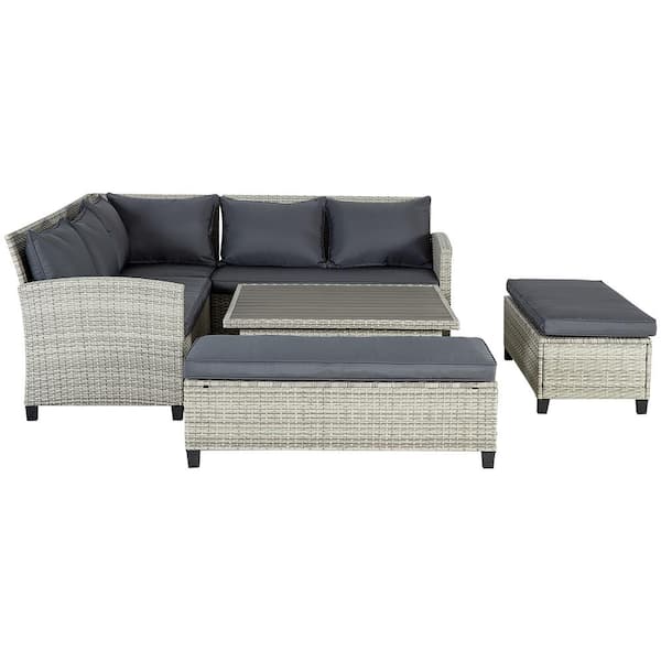 Unbranded Gray 6-Piece Wicker Outdoor Patio Conversation Set Sectional Set with Gray Cushions