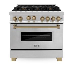 36 in. 4.6 cu. ft. Gas Range with Gas Stove and Gas Oven in DuraSnow Stainless Steel with Champagne Bronze Accents