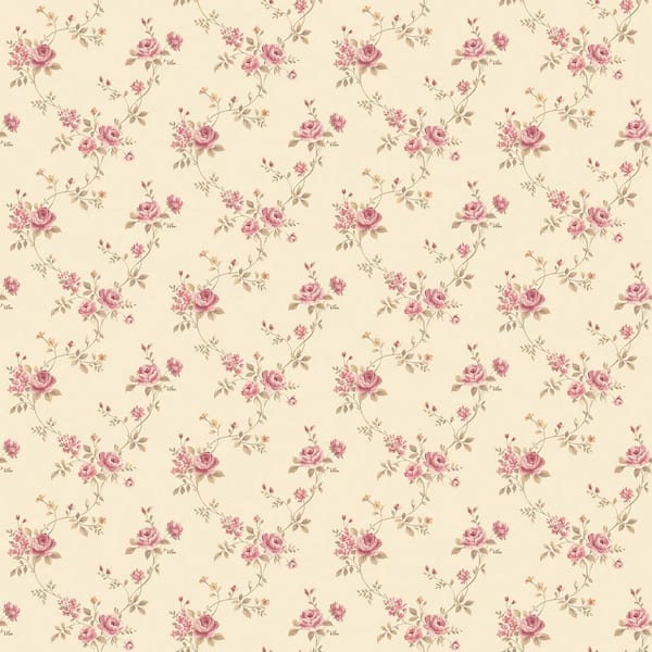 Unbranded Miniatures 2-Pink/Green/Cream Rose Floral Trail Design Matte Finish Non-Pasted Vinyl on Non-Woven Wallpaper Sample