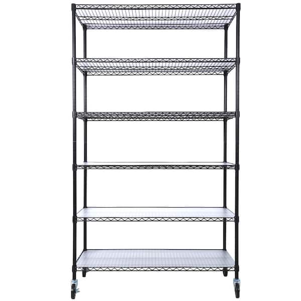 6 Tier NSF Metal Black Heavy Duty Adjustable Storage Rack, 84"H x 48"L x 20"D, with Wheels and Shelf Liners