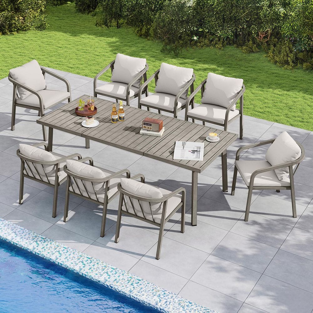 CikaCika Bone Gray 9-Piece Aluminum Outdoor Dining Set with Beige