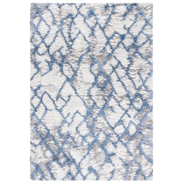 Horizon Shag 11 ft. x 15 ft. Ivory/Blue Abstract Diamond Area Rug