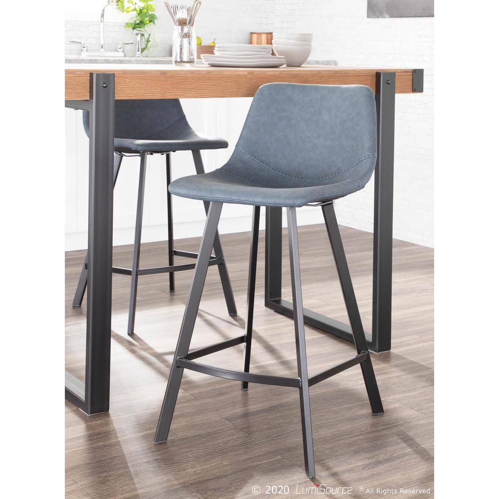 Contemporary Blue Faux Leather and Black Metal Counter Stool, Set of 2
